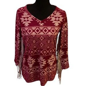 Vision USA Burgundy Aztec Long Fringe Sleeve Shirt Women’s Size Small